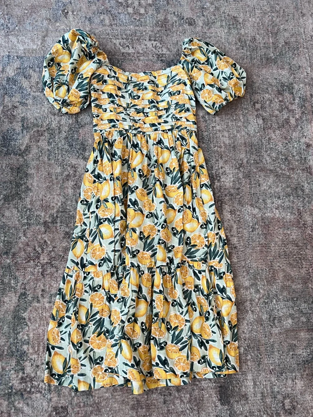 Abercrombie & Fitch Yellow Lemon and Green Leaf Print Linen Mid-Length Dress - Picture 1 of 3